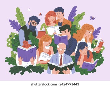 Banner or poster backdrop with group of people reading, flat vector illustration isolated on background. Bookcrossing and reading books, love to literature topic.