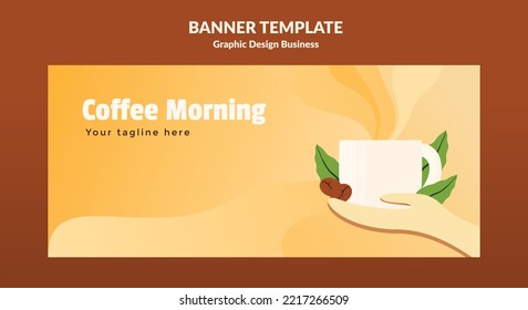 diseño de plantillas de fondo de pancarta o afiche con ilustración vectorial de hojas, granos de café y una taza de café en la mano