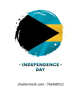 Banner or poster of Bahamas Independence Day celebration. Waving flag of Bahamas, brush stroke background. Vector illustration.