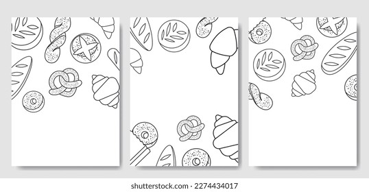 Banner or poster with bakery pastry products - rye, wheat and whole grain bread, french baguette, croissant, bagel, roll, donut, bun, loaf wicker bun outline illustration isolated on white background