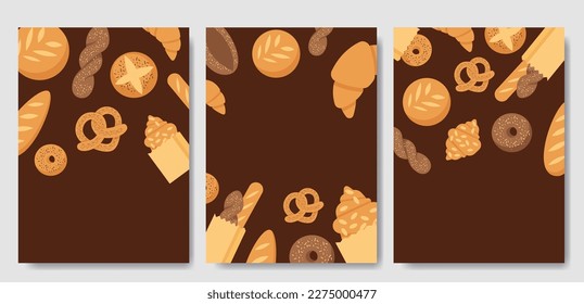 Banner or poster with bakery pastry products - rye, wheat and whole grain bread, french baguette, croissant, bagel, roll, donut, bun, loaf wicker bun flat illustration isolated on background