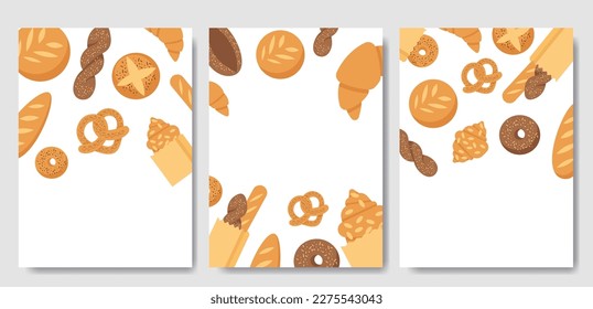 Banner or poster with bakery pastry products - rye, wheat and whole grain bread, french baguette, croissant, bagel, roll, donut, bun, loaf wicker bun flat illustration isolated on background