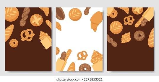 Banner or poster with bakery pastry products - rye, wheat and whole grain bread, french baguette, croissant, bagel, roll, donut, bun, loaf wicker bun flat illustration isolated on background