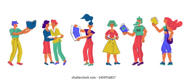 Banner or poster for Book day or educational theme with characters of people reading books, vector illustration in doodle style isolated on white. Design for books and literature festival and store.