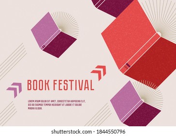 Banner or poster for book festival. Open books flying with arrows. Concept. Vector minimalist background with textures. Design template for a library.  Striving for success.