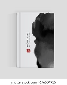 Banner, poster, brochure with abstract black ink wash painting in East Asian style. Sumi-e traditional Japanese ink painting. Vector illustration.