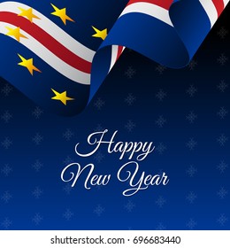 Banner or poster of Cape Verde Happy New Year. Snowflake background. Waving flag. Vector illustration.