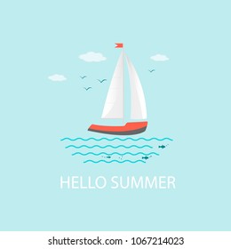 Banner, poster, card with text Hello Summer and  nautical vehicles: sail boat, ship, vessel, luxury yacht, speedboat. Vector  icon isolated on blue background.