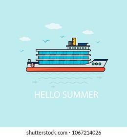 Banner, poster, card with text Hello Summer and  nautical vehicles: sail boat, ship, vessel. Vector  icon isolated on blue background.