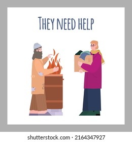 Banner or poster for charity foundation or campaign with poor people characters, flat vector illustration. Banner or flyer for food and clothing donation for needy.