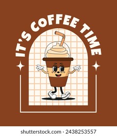 Banner or poster with coffee character in retro groovy style. Trending vector illustration with cup of coffee. For delivery, cafes and restaurants. It's Coffee Time.