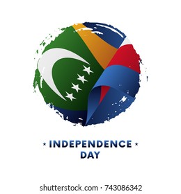 Banner or poster of Comoros Independence Day celebration. Waving flag of Comoros, brush stroke background. Vector illustration.