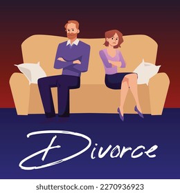 Banner or poster with couple on verge of divorce and breakup, flat vector illustration. Conflicts between husband and wife and bad relationships in family.