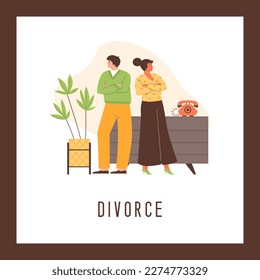 Banner or poster with couple on verge of divorce and breakup, flat vector illustration. Conflicts between husband and wife and bad relationships in family.