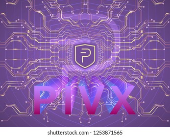 Banner, poster crypto currency symbol pivx on dark purple background . Stock illustration.