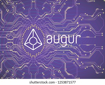 Banner, poster crypto currency symbol augur on dark purple background . Stock illustration.