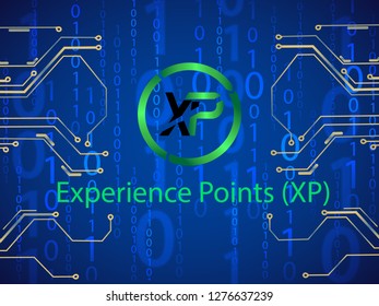 Banner, poster crypto currency symbol experience points on blue background. Stock illustration.