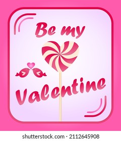 Banner Or Poster For Valentine’s Day Celebration With Be My Valentine Lettering, Funny Little Birds Pair And Heart Shape Candy