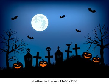 A banner or a poster for the day of "happy halloween". Cemetery with graves on a full moon background and glowing pumpkins. vector illustration