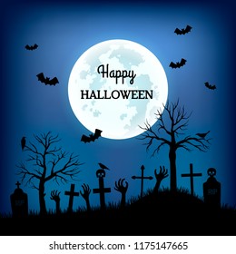 Banner or poster for the day of "Happy Halloween". Cemetery with graves and zombie hands from the graves. vector illustration