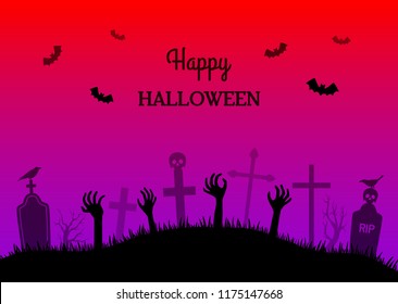 Banner or poster for the day of "Happy Halloween". Cemetery with graves and zombie hands from the graves. vector illustration