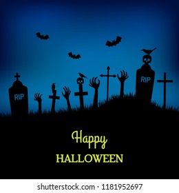 Banner or poster for the day of "Happy Halloween". Cemetery with graves and zombie hands from the graves. vector illustration