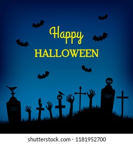 Banner or poster for the day of "Happy Halloween". Cemetery with graves and zombie hands from the graves. vector illustration