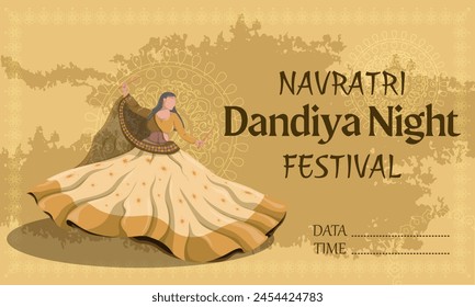 Banner, poster dedicated to the Navratri holiday! Dancing girls in national costumes. Happy Durga Puja