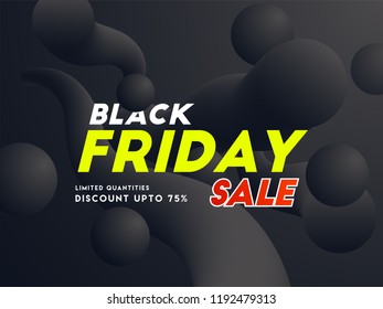 Banner or poster design, 75% discount offer with Black Friday sale text on fluid art abstract background.