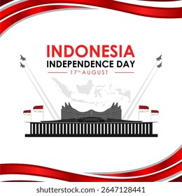 Banner or poster design for the 80th Indonesian Independence Day in 2025 with the silhouette of the Nusantara Building at the IKN, a map of the Indonesian archipelago and a fighter jet.