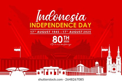  Banner or poster design for the 80th Indonesian Independence Day in 2025 with the silhouettes of famous landmarks in Indonesia, a map of the Indonesian archipelago and a fighter jet.
