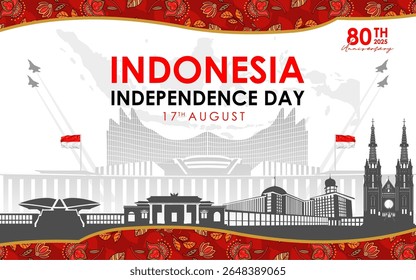 Banner or poster design for the 80th Indonesian Independence Day in 2025 with the silhouettes of famous landmarks in Indonesia, a map of the Indonesian archipelago and a fighter jet.