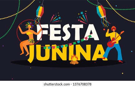 Banner or poster design with Brazilian woman character and man playing guitar for Festa Junina celebration concept.