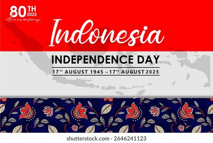 Banner or poster design to commemorate the 80th Indonesian Independence Day in 2025 with elements of the Garuda bird silhouette, batik patterns and the colors of the Indonesian flag. Not AI Generated.