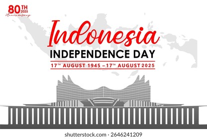 Banner or poster design to commemorate the 80th Indonesian Independence Day in 2025 with elements of the Garuda bird silhouette, batik patterns and the colors of the Indonesian flag.