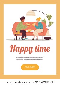 Banner or poster design with couple spending good time eating pizza together, flat vector illustration. Banner template for pizza delivery and italian cuisine.