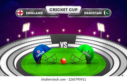 Banner or poster design, cricket match between England vs Pakistan with illustration of cricket attire helmets on night stadium background.