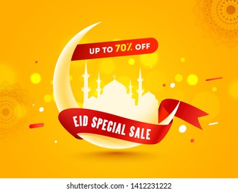 Banner or poster design for Eid Special Sale offer. Text written on red stripe with Mosque and moon decoration.