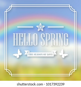 Banner, poster for design. Hi spring. Welcome. Against the background of a blurry sky, a green lawn, and a rainbow. In frame. 10 eps