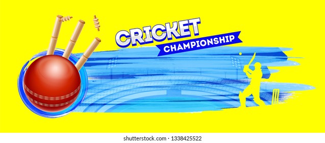 Banner or poster design with illustration of ball hitting cricket wicket on stadium view background for Cricket Championship.