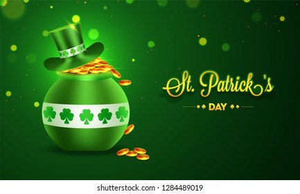 Banner or poster design with illustration of Irish cauldron and leprechaun hat on green bokeh background for Happy St. Patrick's Day celebration concept.