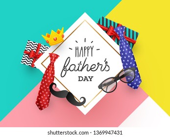 Banner or poster design with illustration of necktie, mustache, crown, eyeglasses and gift boxes for Happy Father's Day celebration concept.