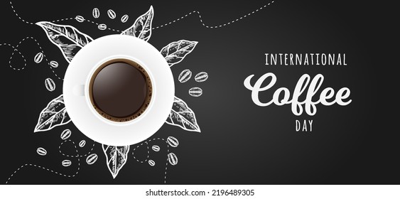 diseño de afiches de banner. banner del día internacional del café con hojas y mano de café de frijol dibujada