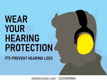 Banner and poster design on the recommendation to wear hearing protection to avoid noise. Worker with ear muff. Personal protective equipment.