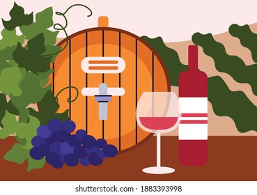 Banner or poster design with red wine barrel and bottle, flat cartoon vector illustration. Vintage style backdrop for winery production and wine bottles.
