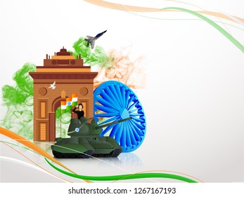 Diseño de pancartas o afiches, saludando al oficial del ejército en tanque militar frente a la puerta de la India con Rueda Ashok para la celebración del Día de la República.  