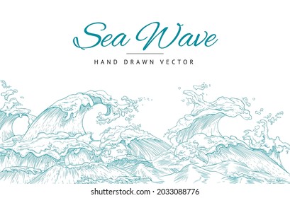 Banner or poster design with sea or ocean wave in minimalist Japanese style, flat vector illustration on white background. Marine backdrop or poster with water wave.