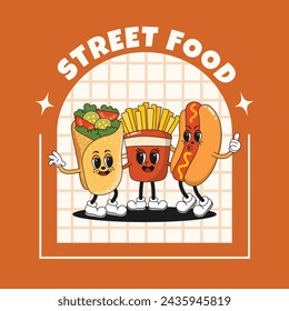 Banner or poster with fast food characters in retro groovy style. Trending vector illustration with fries, burrito and hot dog. For delivery, cafes and restaurants. 