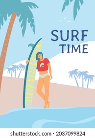 Banner or poster with female surfer cartoon character on tropical beach and motivational slogan, flat vector illustration. Surf time idea of banner or card.
