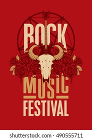 banner poster for festival rock music with goat skull, roses and electric guitar